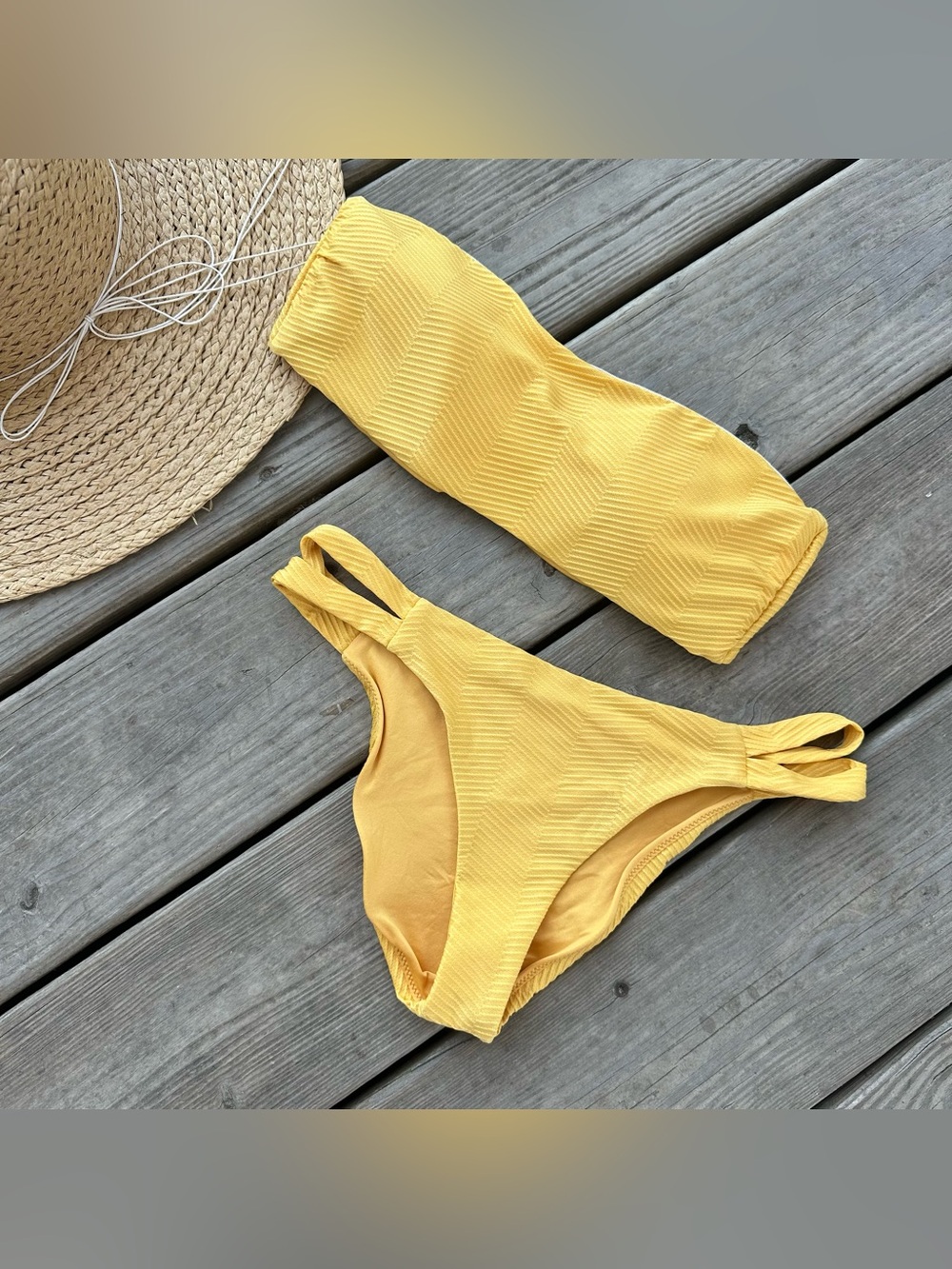 RVCA Yellow Honey Bodega Tube Top Bottoms Set Bikini Swim S
